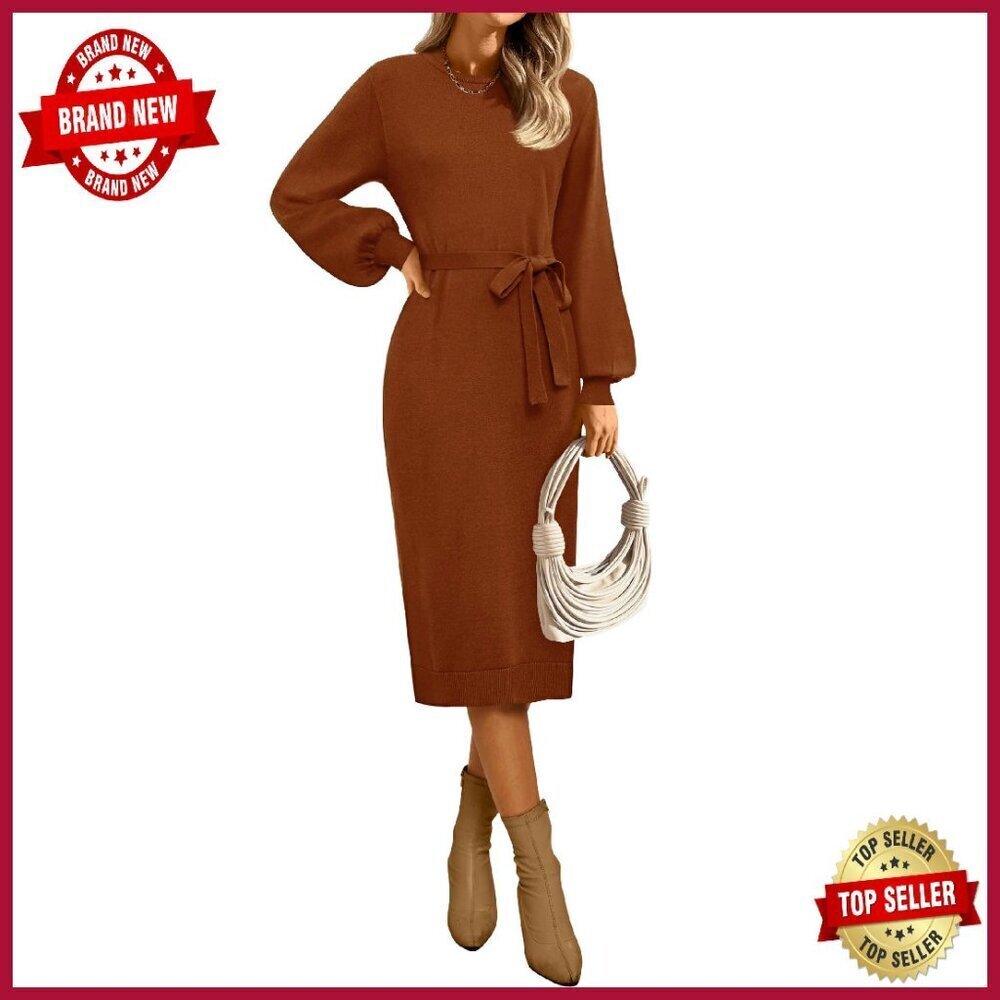 Knit Midi Dress with Belt, Puff Sleeves, Tie Waist, Crew Neck, Size M